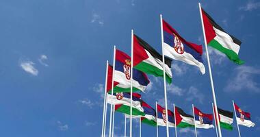 Serbia and Palestine Flags Waving Together in the Sky, Seamless Loop in Wind, Space on Left Side for Design or Information, 3D Rendering video