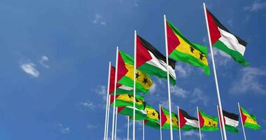 Sao Tome and Principe and Palestine Flags Waving Together in the Sky, Seamless Loop in Wind, Space on Left Side for Design or Information, 3D Rendering video