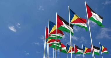 Seychelles and Palestine Flags Waving Together in the Sky, Seamless Loop in Wind, Space on Left Side for Design or Information, 3D Rendering video