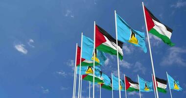 Saint Lucia and Palestine Flags Waving Together in the Sky, Seamless Loop in Wind, Space on Left Side for Design or Information, 3D Rendering video
