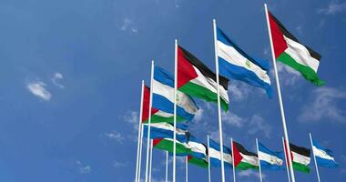 Nicaragua and Palestine Flags Waving Together in the Sky, Seamless Loop in Wind, Space on Left Side for Design or Information, 3D Rendering video