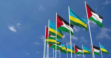Rwanda and Palestine Flags Waving Together in the Sky, Seamless Loop in Wind, Space on Left Side for Design or Information, 3D Rendering video