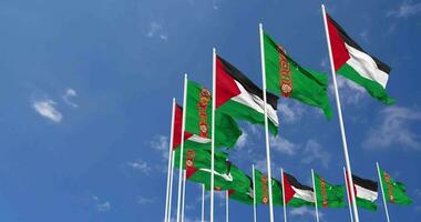 Turkmenistan and Palestine Flags Waving Together in the Sky, Seamless Loop in Wind, Space on Left Side for Design or Information, 3D Rendering video