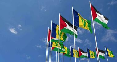 Saint Vincent and the Grenadines and Palestine Flags Waving Together in the Sky, Seamless Loop in Wind, Space on Left Side for Design or Information, 3D Rendering video