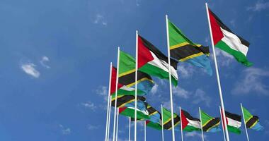 Tansania und Palästina Flaggen winken zusammen im das Himmel, nahtlos Schleife im Wind, Raum auf links Seite zum Design oder Information, 3d Rendern video