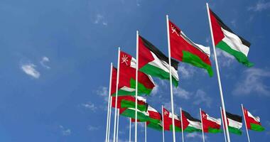 Oman and Palestine Flags Waving Together in the Sky, Seamless Loop in Wind, Space on Left Side for Design or Information, 3D Rendering video