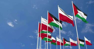 Poland and Palestine Flags Waving Together in the Sky, Seamless Loop in Wind, Space on Left Side for Design or Information, 3D Rendering video