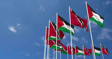 Trinidad and Tobago and Palestine Flags Waving Together in the Sky, Seamless Loop in Wind, Space on Left Side for Design or Information, 3D Rendering video