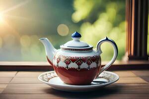 AI generated a blue and white china teapot and a cup of tea on a wooden table in. AI-Generated photo