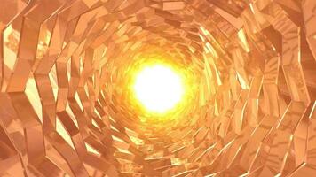 Abstract metallic shiny golden yellow polyhedral tunnel frame made of lines of hexagonal edges, mechanical high-tech tunnel futuristic, abstract background video