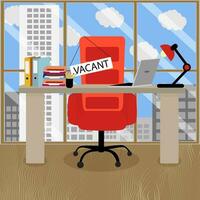 Require employee for vacant seat. Empty office chair in comfort cabinet with table. Office room with interior. Vector illustration