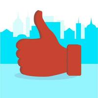 Like thumb up in city. Addiction like button, message worldwide for chatting, vector illustration