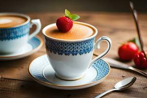 AI generated a blue and white china teapot and a cup of tea on a wooden table in. AI-Generated photo