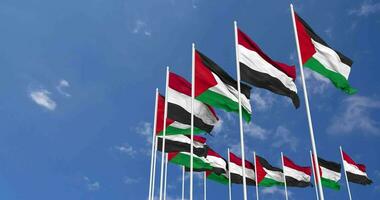 Yemen y Palestina banderas ondulación juntos en el cielo, sin costura lazo en viento, espacio en izquierda lado para diseño o información, 3d representación video