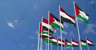 Yemen and Palestine Flags Waving Together in the Sky, Seamless Loop in Wind, Space on Left Side for Design or Information, 3D Rendering video