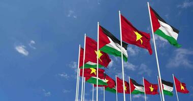 Vietnam and Palestine Flags Waving Together in the Sky, Seamless Loop in Wind, Space on Left Side for Design or Information, 3D Rendering video