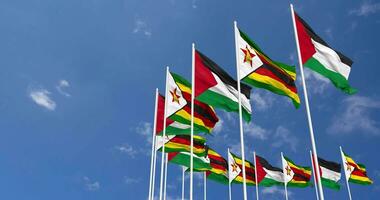 Zimbabue y Palestina banderas ondulación juntos en el cielo, sin costura lazo en viento, espacio en izquierda lado para diseño o información, 3d representación video