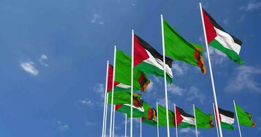 Zambia and Palestine Flags Waving Together in the Sky, Seamless Loop in Wind, Space on Left Side for Design or Information, 3D Rendering video