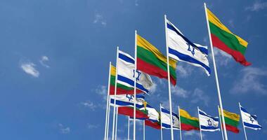 Lithuania and Israel Flags Waving Together in the Sky, Seamless Loop in Wind, Space on Left Side for Design or Information, 3D Rendering video