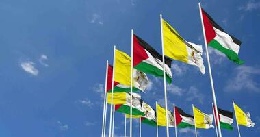 Vatican City and Palestine Flags Waving Together in the Sky, Seamless Loop in Wind, Space on Left Side for Design or Information, 3D Rendering video