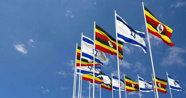 uganda och Israel flaggor vinka tillsammans i de himmel, sömlös slinga i vind, Plats på vänster sida för design eller information, 3d tolkning video