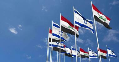 Iraq and Israel Flags Waving Together in the Sky, Seamless Loop in Wind, Space on Left Side for Design or Information, 3D Rendering video