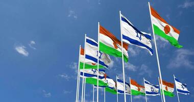 Níger y Israel banderas ondulación juntos en el cielo, sin costura lazo en viento, espacio en izquierda lado para diseño o información, 3d representación video