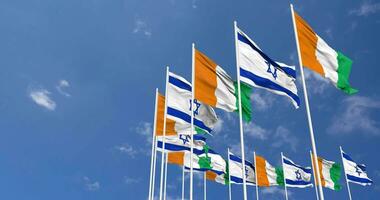 Ivory Coast and Israel Flags Waving Together in the Sky, Seamless Loop in Wind, Space on Left Side for Design or Information, 3D Rendering video