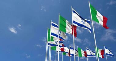 Italy and Israel Flags Waving Together in the Sky, Seamless Loop in Wind, Space on Left Side for Design or Information, 3D Rendering video