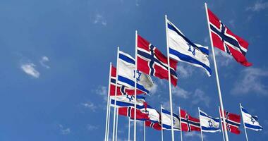 Norway and Israel Flags Waving Together in the Sky, Seamless Loop in Wind, Space on Left Side for Design or Information, 3D Rendering video