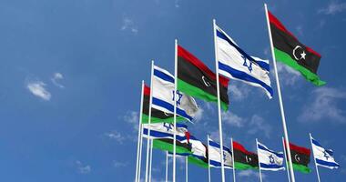 Líbia e Israel bandeiras acenando juntos dentro a céu, desatado ciclo dentro vento, espaço em esquerda lado para Projeto ou Informação, 3d Renderização video