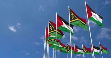 Vanuatu and Palestine Flags Waving Together in the Sky, Seamless Loop in Wind, Space on Left Side for Design or Information, 3D Rendering video