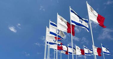 Malta and Israel Flags Waving Together in the Sky, Seamless Loop in Wind, Space on Left Side for Design or Information, 3D Rendering video