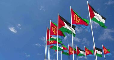 eritrea och palestina flaggor vinka tillsammans i de himmel, sömlös slinga i vind, Plats på vänster sida för design eller information, 3d tolkning video