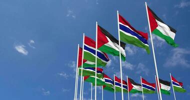 Gambia and Palestine Flags Waving Together in the Sky, Seamless Loop in Wind, Space on Left Side for Design or Information, 3D Rendering video