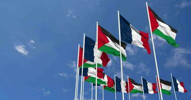 France and Palestine Flags Waving Together in the Sky, Seamless Loop in Wind, Space on Left Side for Design or Information, 3D Rendering video