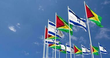 Guyana and Israel Flags Waving Together in the Sky, Seamless Loop in Wind, Space on Left Side for Design or Information, 3D Rendering video