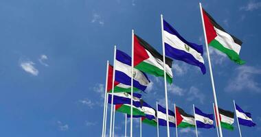 El Salvador and Palestine Flags Waving Together in the Sky, Seamless Loop in Wind, Space on Left Side for Design or Information, 3D Rendering video