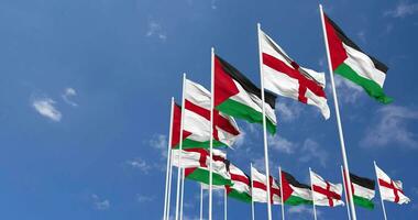 England and Palestine Flags Waving Together in the Sky, Seamless Loop in Wind, Space on Left Side for Design or Information, 3D Rendering video