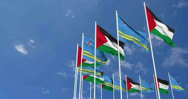 Aruba and Palestine Flags Waving Together in the Sky, Seamless Loop in Wind, Space on Left Side for Design or Information, 3D Rendering video