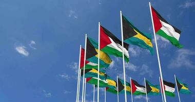 Bahamas and Palestine Flags Waving Together in the Sky, Seamless Loop in Wind, Space on Left Side for Design or Information, 3D Rendering video