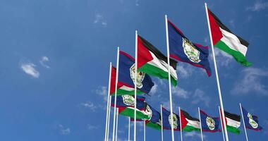 Belize and Palestine Flags Waving Together in the Sky, Seamless Loop in Wind, Space on Left Side for Design or Information, 3D Rendering video