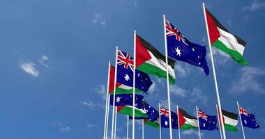 Australia and Palestine Flags Waving Together in the Sky, Seamless Loop in Wind, Space on Left Side for Design or Information, 3D Rendering video