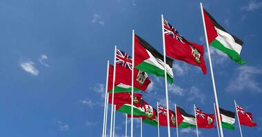 Bermuda and Palestine Flags Waving Together in the Sky, Seamless Loop in Wind, Space on Left Side for Design or Information, 3D Rendering video