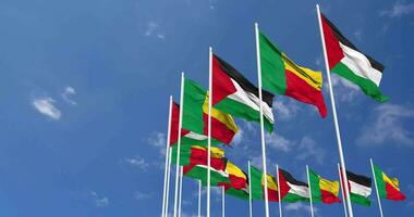 Benin and Palestine Flags Waving Together in the Sky, Seamless Loop in Wind, Space on Left Side for Design or Information, 3D Rendering video