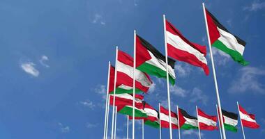 Austria y Palestina banderas ondulación juntos en el cielo, sin costura lazo en viento, espacio en izquierda lado para diseño o información, 3d representación video