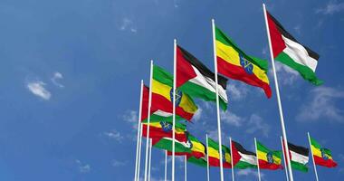 Ethiopia and Palestine Flags Waving Together in the Sky, Seamless Loop in Wind, Space on Left Side for Design or Information, 3D Rendering video