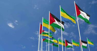 Gabon and Palestine Flags Waving Together in the Sky, Seamless Loop in Wind, Space on Left Side for Design or Information, 3D Rendering video