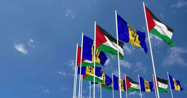 Barbados und Palästina Flaggen winken zusammen im das Himmel, nahtlos Schleife im Wind, Raum auf links Seite zum Design oder Information, 3d Rendern video