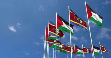 Eswatini e Palestina bandeiras acenando juntos dentro a céu, desatado ciclo dentro vento, espaço em esquerda lado para Projeto ou Informação, 3d Renderização video